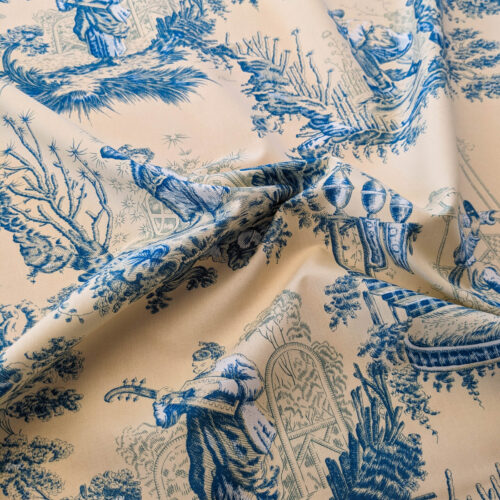 PXL_20240528_170835549 Scalamandre MASQUE CHINOIS Chinoiserie Toile Print Landscape  Garden BLUE ON CREAM Made in France MSRP USD 288/y