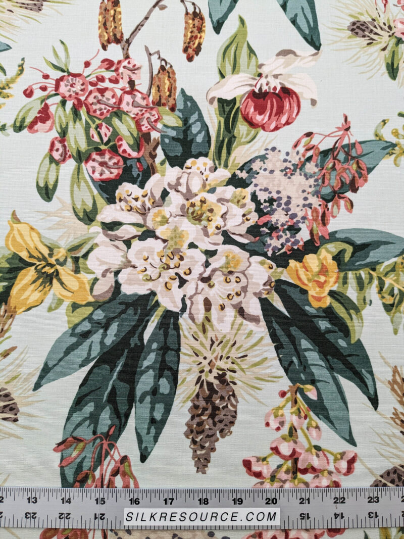 PXL_20240528_180343327 Scalamandre Mountain Greenery Ice Blue White Green Yellow Floral Botanical Linen Cotton MSRP USD 504/y