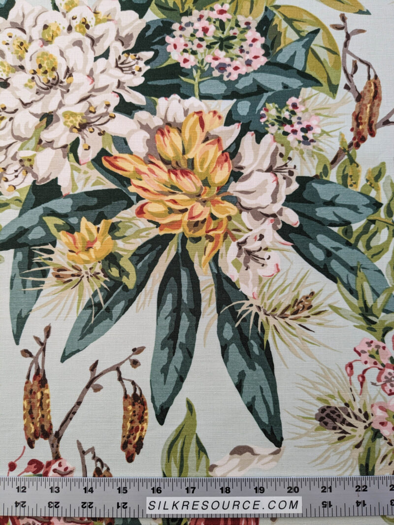 PXL_20240528_180353426 Scalamandre Mountain Greenery Ice Blue White Green Yellow Floral Botanical Linen Cotton MSRP USD 504/y