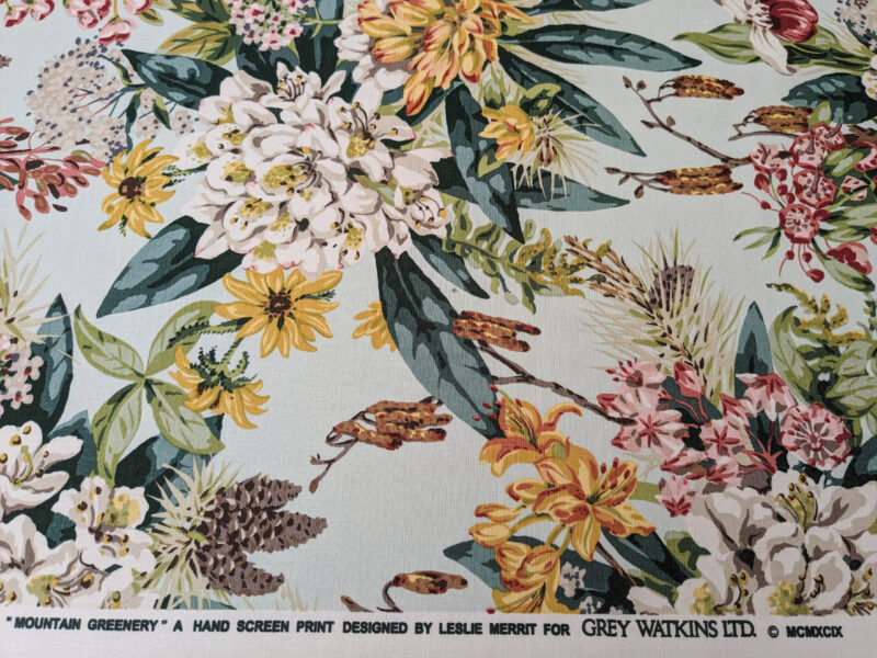 PXL_20240528_180419012 Scalamandre Mountain Greenery Ice Blue White Green Yellow Floral Botanical Linen Cotton MSRP USD 504/y