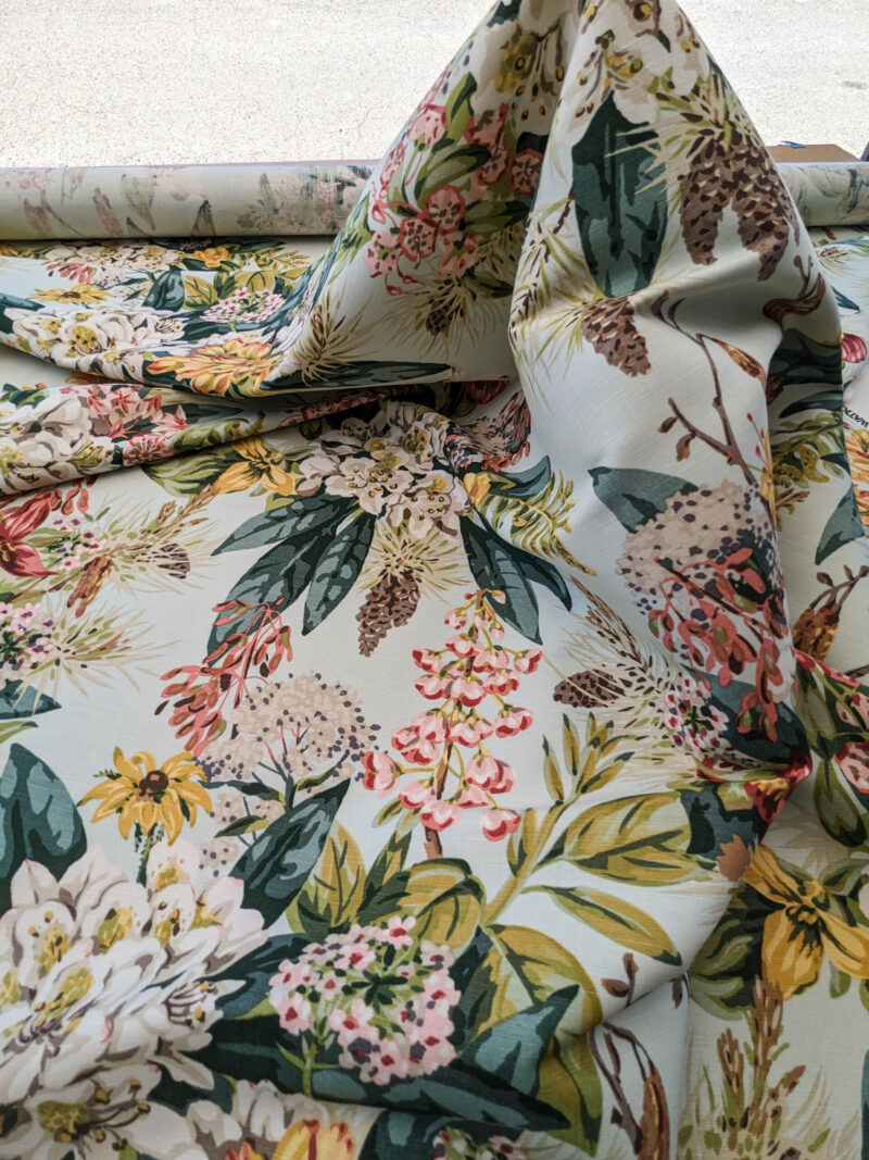 PXL_20240528_180519444 Scalamandre Mountain Greenery Ice Blue White Green Yellow Floral Botanical Linen Cotton MSRP USD 504/y