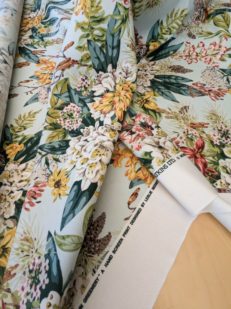 PXL_20240528_180530848 Scalamandre Mountain Greenery Ice Blue White Green Yellow Floral Botanical Linen Cotton MSRP USD 504/y