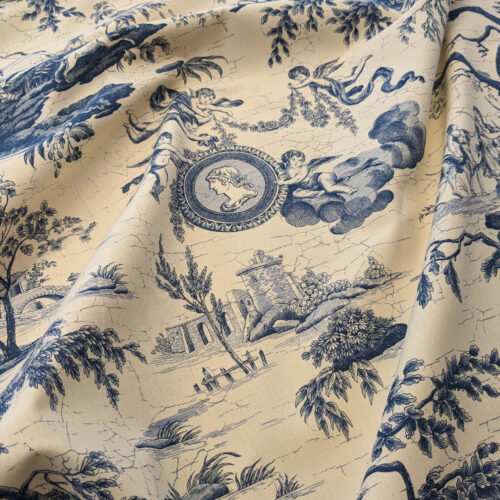 PXL_20240528_190203660 Scalamandre Arthemis Toile de Jouy Blue  Beige Cotton Historic Animals Deer Hunting Scenic 110" wide MSRP USD 240/y