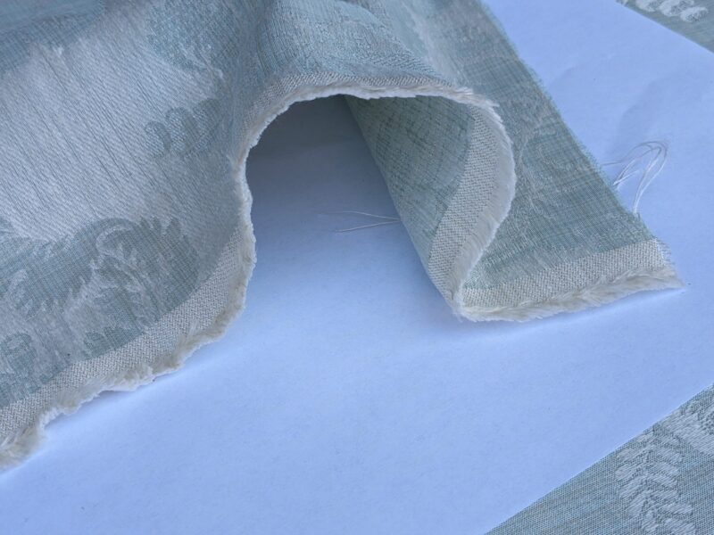 original_8b18084b-6f8e-46c7-be90-574d04e940d8_PXL_20240507_185827871 17x17" Sample Scalamandre Uppsala White On Gustavian Blue Green Silk Damask MSRP USD 588/y