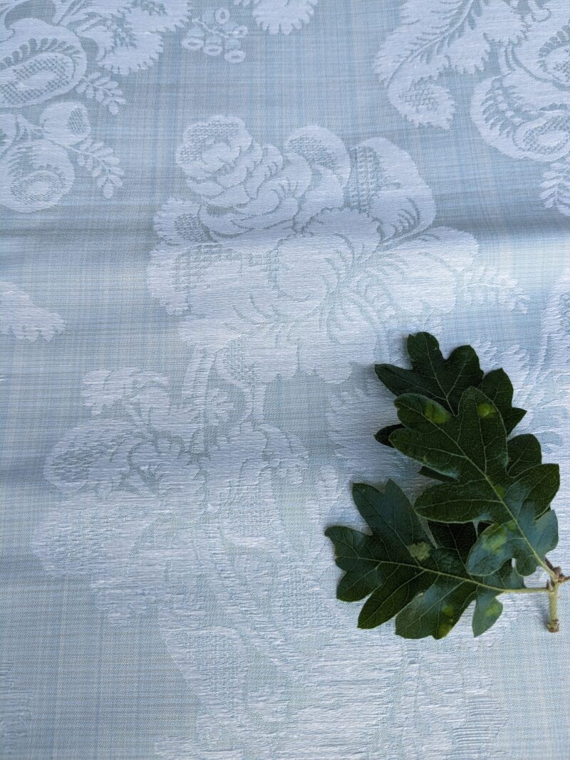 original_9b43fd9c-70e9-40ad-b3e2-683a1a3f4445_PXL_20240507_190030173 17x17" Sample Scalamandre Uppsala White On Gustavian Blue Green Silk Damask MSRP USD 588/y