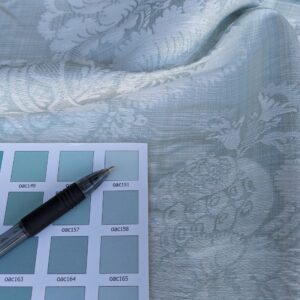 original_ec7f9f7f-a029-4844-9719-316b2883af25_PXL_20240507_190200062 17x17" Sample Scalamandre Uppsala White On Gustavian Blue Green Silk Damask MSRP USD 588/y