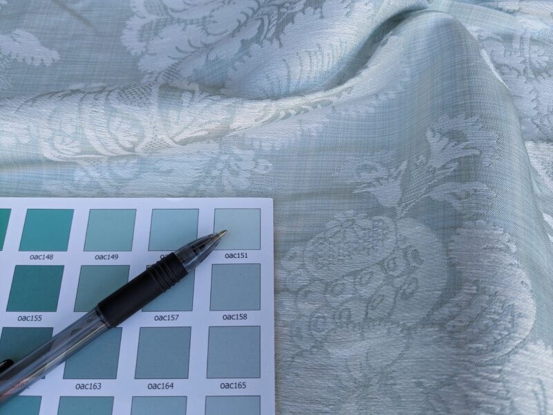 original_ec7f9f7f-a029-4844-9719-316b2883af25_PXL_20240507_190200062 17x17" Sample Scalamandre Uppsala White On Gustavian Blue Green Silk Damask MSRP USD 588/y