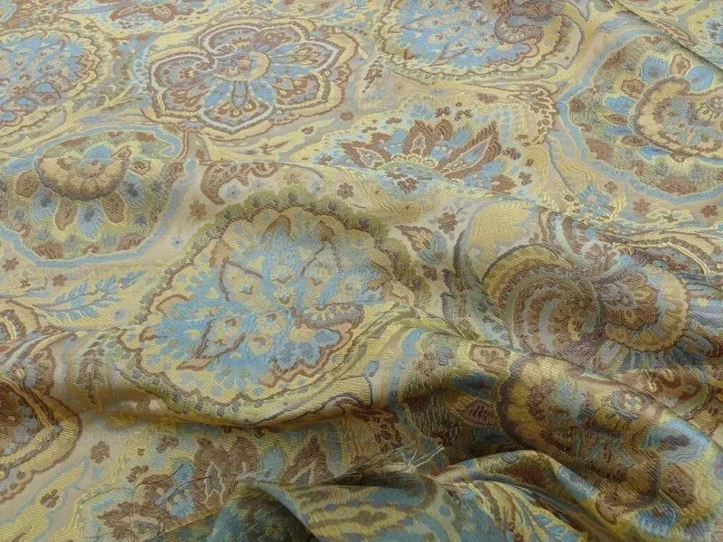s-l1600 (11) By yd 100% Silk Lampas Kaleidoscope Paisley Blue Gold Bronze MSRP0+/y