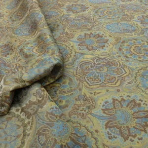s-l1600 (12) By yd 100% Silk Lampas Kaleidoscope Paisley Blue Gold Bronze MSRP0+/y