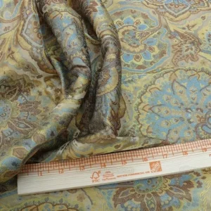 s-l1600 (4) By yd 100% Silk Lampas Kaleidoscope Paisley Blue Gold Bronze MSRP0+/y