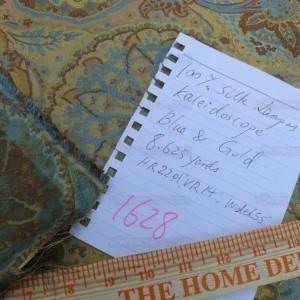 s-l1600 (5) By yd 100% Silk Lampas Kaleidoscope Paisley Blue Gold Bronze MSRP0+/y