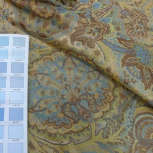 s-l1600 (6) By yd 100% Silk Lampas Kaleidoscope Paisley Blue Gold Bronze MSRP0+/y