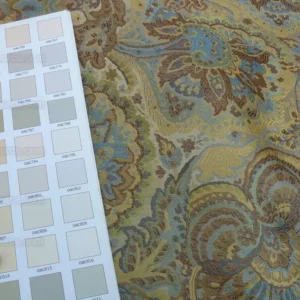 s-l1600 (7) By yd 100% Silk Lampas Kaleidoscope Paisley Blue Gold Bronze MSRP0+/y