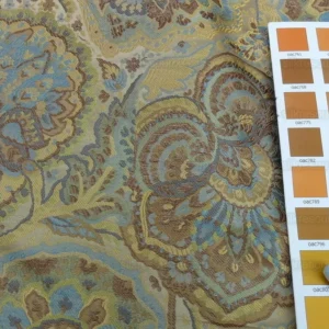 s-l1600 (8) By yd 100% Silk Lampas Kaleidoscope Paisley Blue Gold Bronze MSRP0+/y