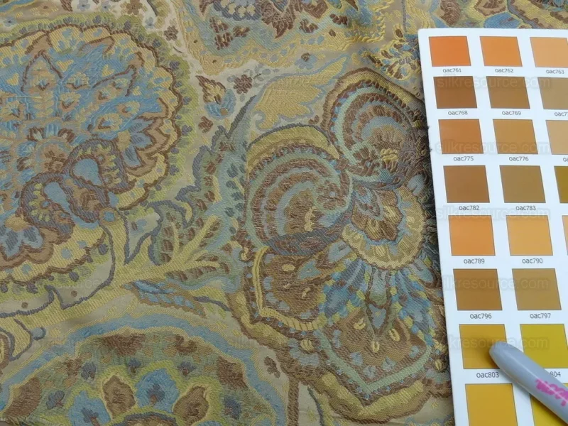 s-l1600 (8) By yd 100% Silk Lampas Kaleidoscope Paisley Blue Gold Bronze MSRP0+/y