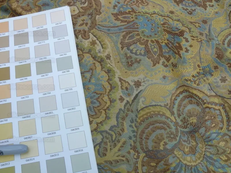 s-l1600 (9) By yd 100% Silk Lampas Kaleidoscope Paisley Blue Gold Bronze MSRP0+/y