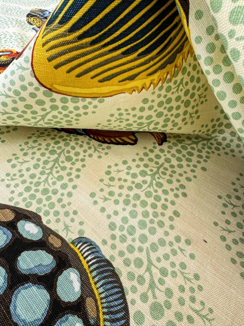 IMG_4184 1.4 y Scalamandre Barbuda Coral/Apricot/Green Gold Dots Fish Nautical Ocean