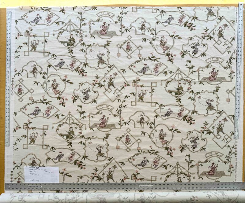 IMG_4203 1.9y Scalamandre Old Word Weavers Imperial Court Asian Chinoiserie Toile Figurative Game Sports Music Bamboo Cream White
