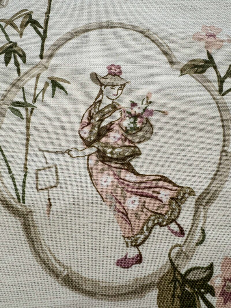 IMG_4205 1.9y Scalamandre Old Word Weavers Imperial Court Asian Chinoiserie Toile Figurative Game Sports Music Bamboo Cream White