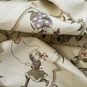 IMG_4209 1.9y Scalamandre Old Word Weavers Imperial Court Asian Chinoiserie Toile Figurative Game Sports Music Bamboo Cream White