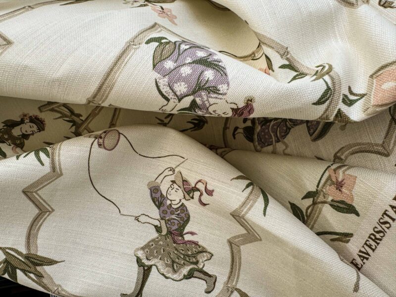 IMG_4209 1.9y Scalamandre Old Word Weavers Imperial Court Asian Chinoiserie Toile Figurative Game Sports Music Bamboo Cream White