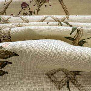 IMG_4211 1.9y Scalamandre Old Word Weavers Imperial Court Asian Chinoiserie Toile Figurative Game Sports Music Bamboo Cream White