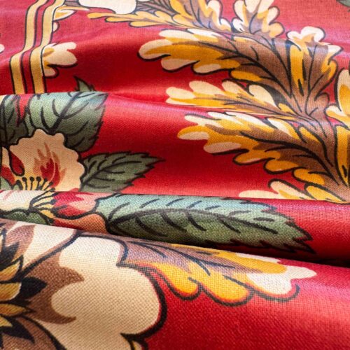 IMG_4439 by yard Scalamandre Meriden Bordered Trellis Multi on Red Botanical Floral Diamond