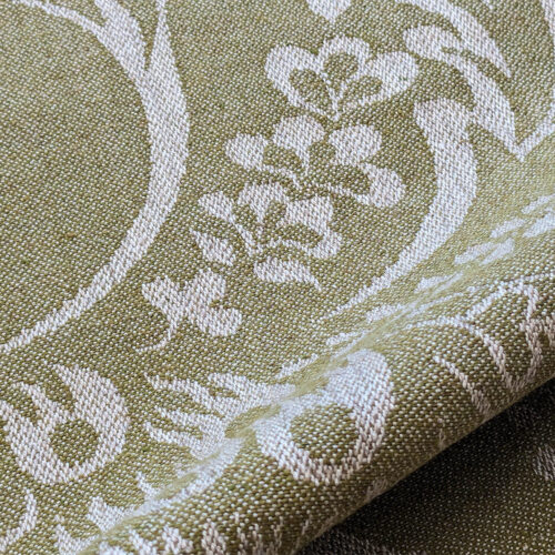 PXL_20240529_184706643 Scalamandre Amelia Lichen  Green Gray Renaissance Damask Jacquard Linen Acanthus Artichoke Feather MSRP USD 176/y