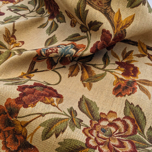 PXL_20240529_202057944 1.1 yards Scalamandre Faissan on Hessian Rust Brown Red Green Blue 100% Jute Bird Animals Tree Foliage MSRP USD 496/y