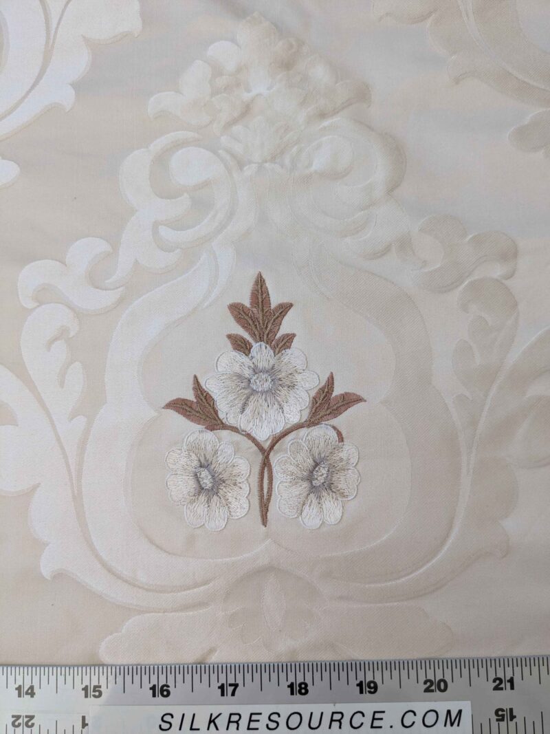 PXL_20240604_184408943 Scalamandre Silk Damask Ivory Cream Floral Botanical Medallion French Court Embroidery 56" x 47"