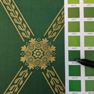 PXL_20240604_185750617.MP 2.5y Scalamandre Diamond Lattice Green Gold Neoclassical Silk Brocade Large Pattern