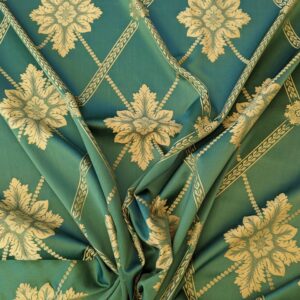 PXL_20240604_185840369 2.5y Scalamandre Diamond Lattice Green Gold Neoclassical Silk Brocade Large Pattern
