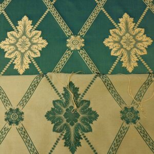 PXL_20240604_185848334 2.5y Scalamandre Diamond Lattice Green Gold Neoclassical Silk Brocade Large Pattern
