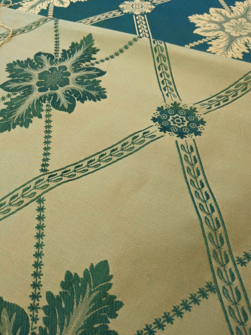 PXL_20240604_185854998 2.5y Scalamandre Diamond Lattice Green Gold Neoclassical Silk Brocade Large Pattern