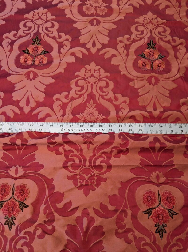 Scalamandre Damask Red Diamond Medallion Renaissance Embroidery Rose Bouquet 55″Width x 46″ Length