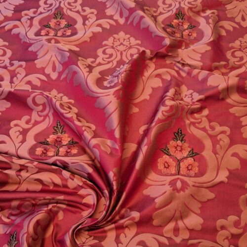 PXL_20240604_202553217 Scalamandre Damask Red Diamond Medallion Renaissance Embroidery Rose Bouquet 55″Width x 46″ Length