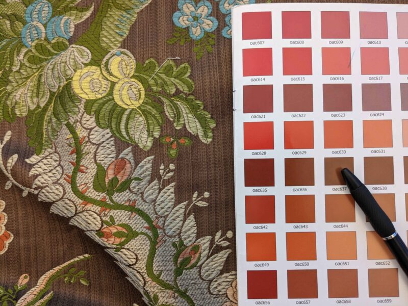 Scalamandre Mont Blanc Silk Lampas Green Gold Blue On Hazelnut Bro 56″Width x 46″ Length