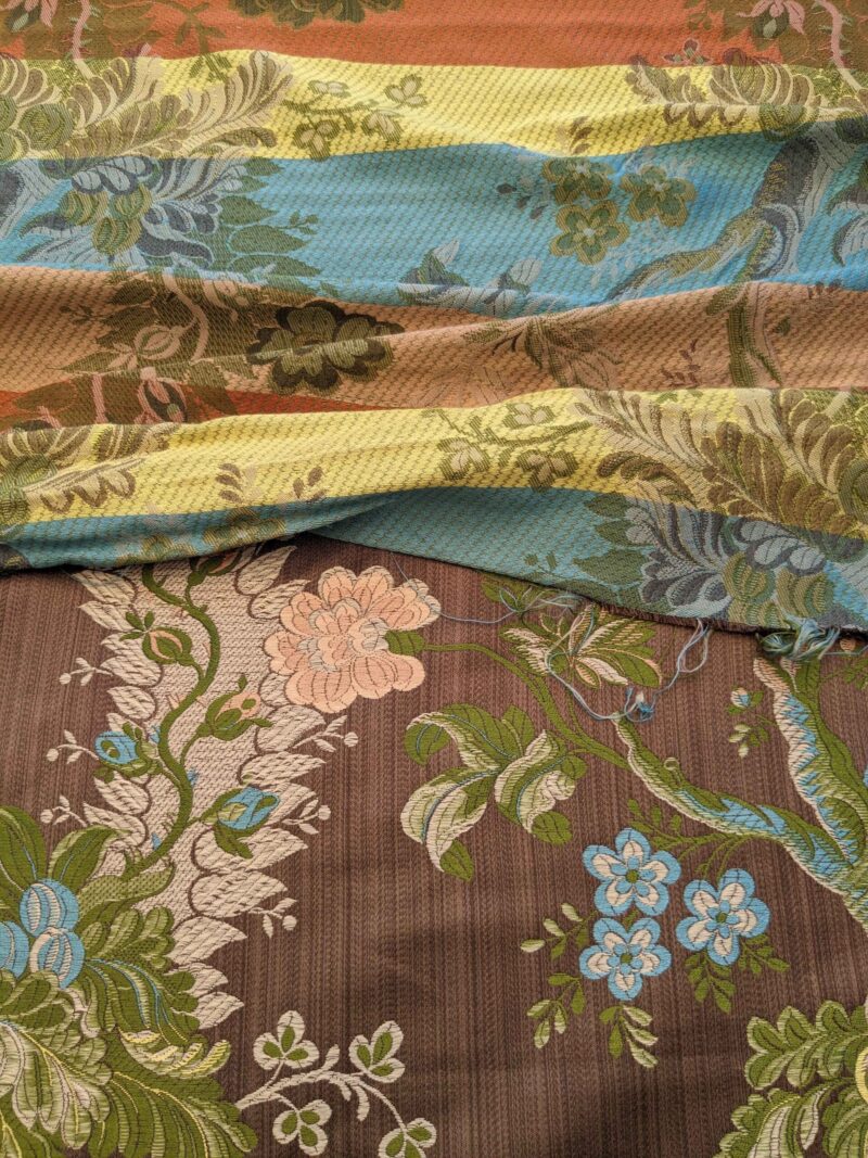 Scalamandre Mont Blanc Silk Lampas Green Gold Blue On Hazelnut Bro 56″Width x 46″ Length