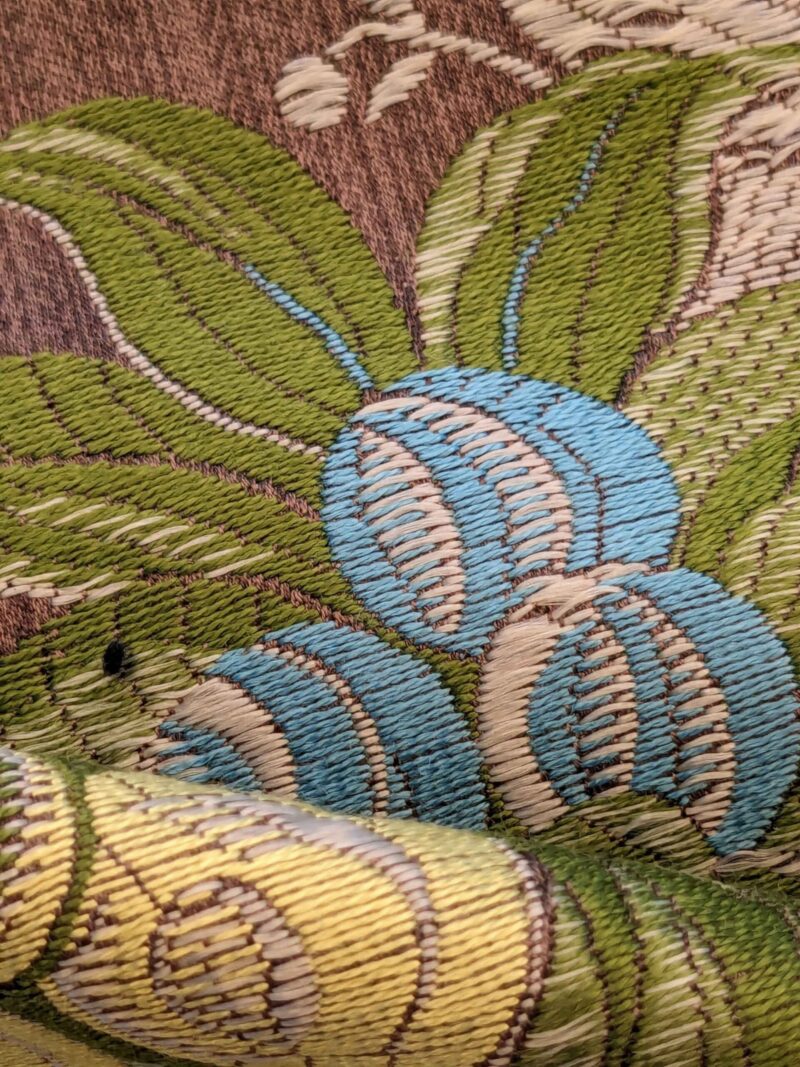 Scalamandre Mont Blanc Silk Lampas Green Gold Blue On Hazelnut Bro 56″Width x 46″ Length