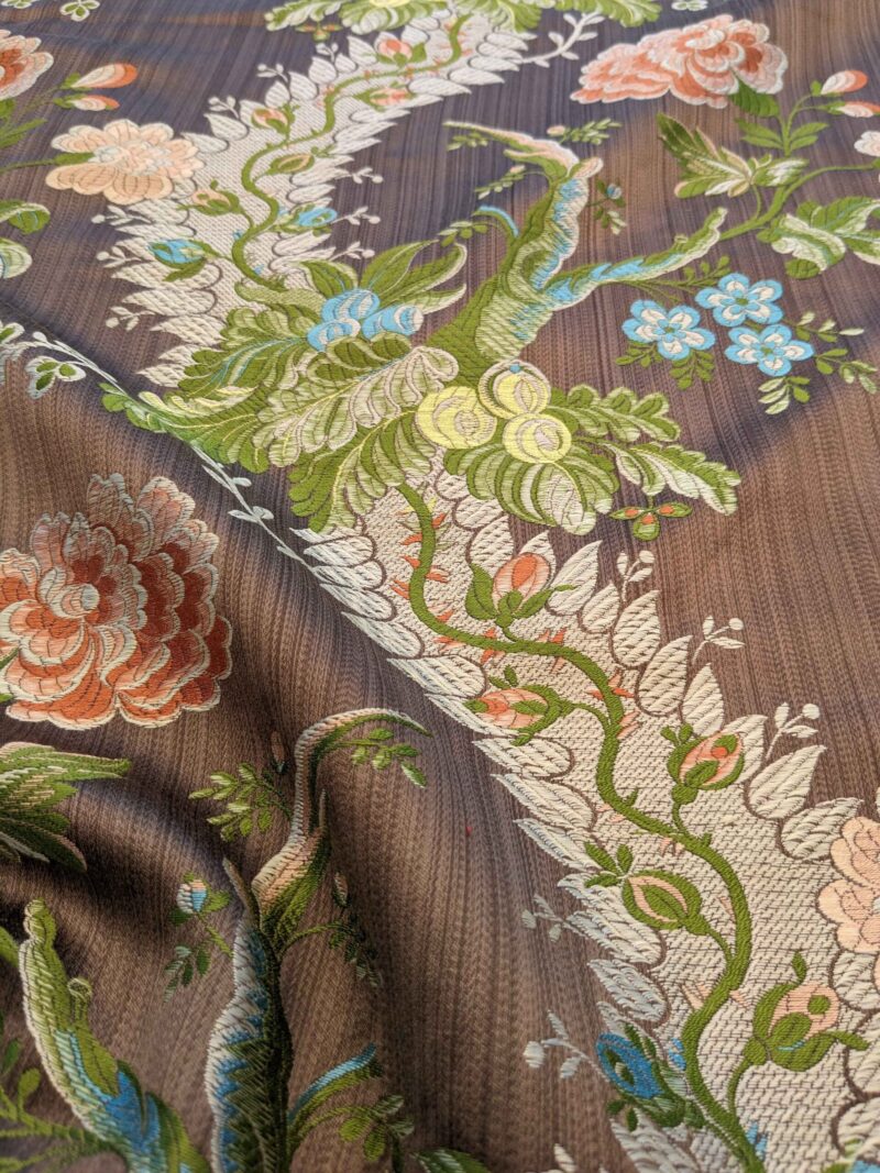 Scalamandre Mont Blanc Silk Lampas Green Gold Blue On Hazelnut Bro 56″Width x 46″ Length