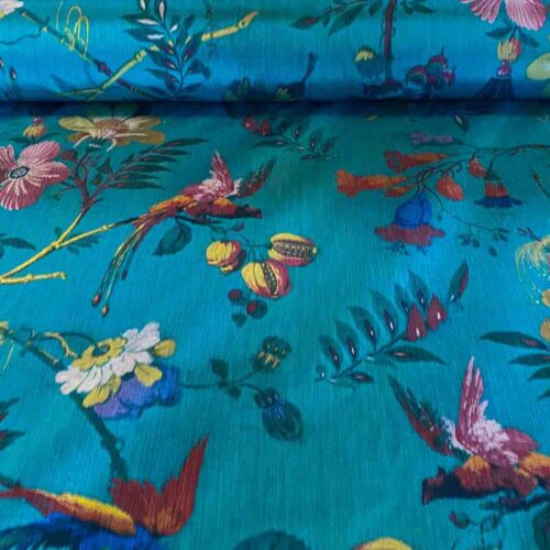 WhatsApp Image 2024-06-07 at 04.26.31_4ca59423 Scalamandre Paradiso Turquoise Blue Bird Tropical Floral Silk Warp Print Fr France MSRP USD 450/Y