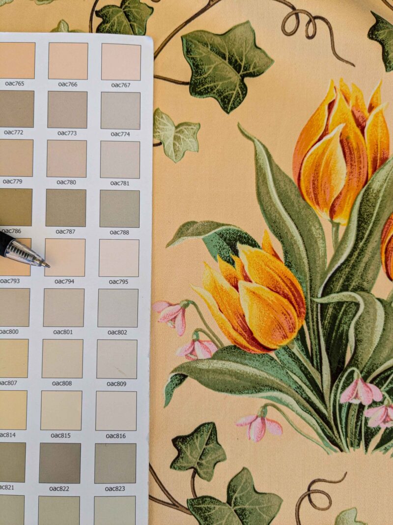 PXL_20240701_195145380 by yard Scalamandre Le Treillage Butter Yellow Spring Garden Tulip Rose Crocus Boston Ivy MSRP USD 204/y