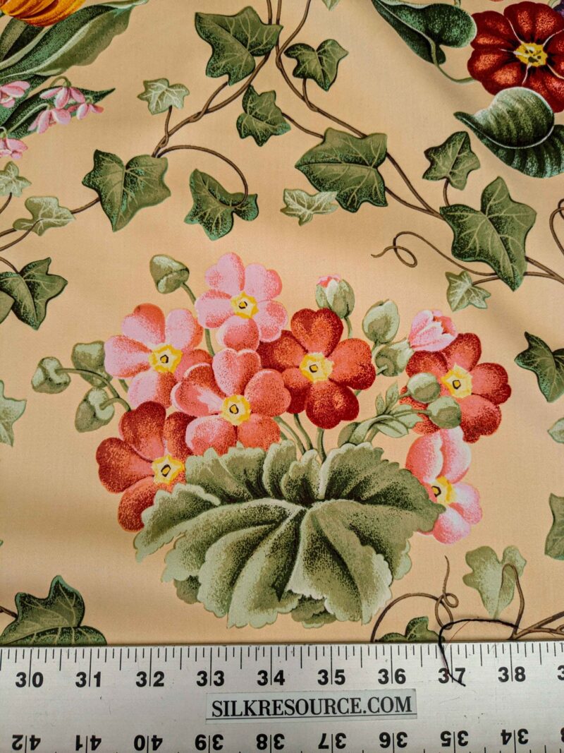 PXL_20240701_195226845 by yard Scalamandre Le Treillage Butter Yellow Spring Garden Tulip Rose Crocus Boston Ivy MSRP USD 204/y