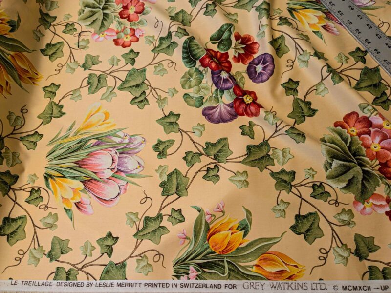 PXL_20240701_195316711 by yard Scalamandre Le Treillage Butter Yellow Spring Garden Tulip Rose Crocus Boston Ivy MSRP USD 204/y