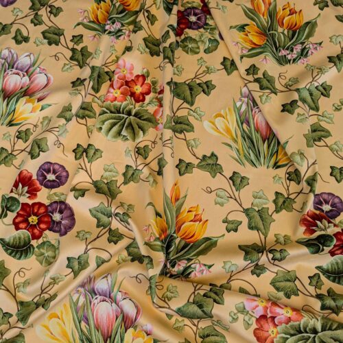 PXL_20240701_195343099 by yard Scalamandre Le Treillage Butter Yellow Spring Garden Tulip Rose Crocus Boston Ivy MSRP USD 204/y