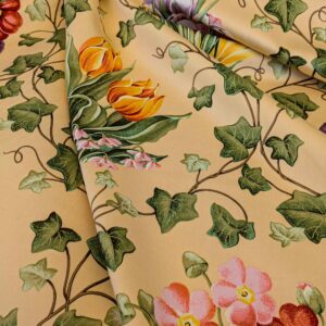 PXL_20240701_195350563 by yard Scalamandre Le Treillage Butter Yellow Spring Garden Tulip Rose Crocus Boston Ivy MSRP USD 204/y
