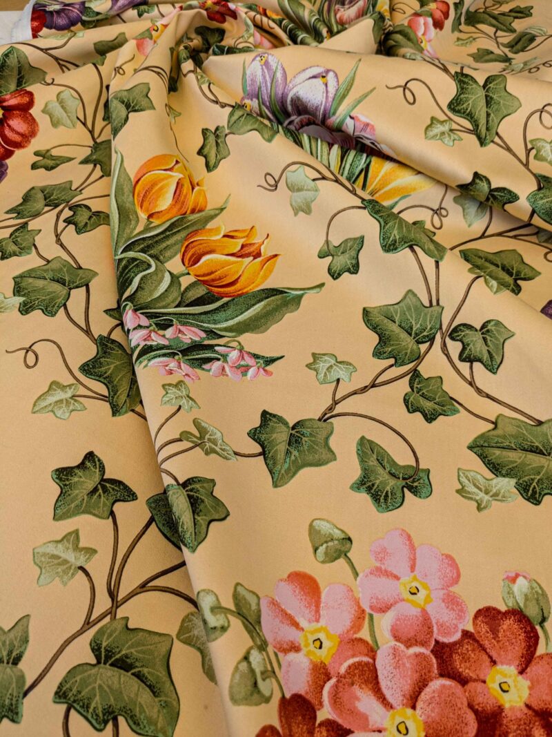 PXL_20240701_195350563 by yard Scalamandre Le Treillage Butter Yellow Spring Garden Tulip Rose Crocus Boston Ivy MSRP USD 204/y