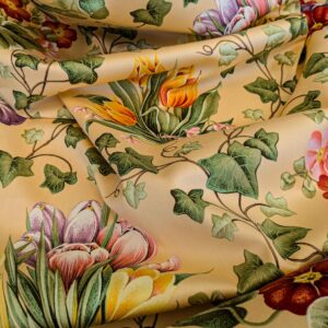 PXL_20240701_195407259 by yard Scalamandre Le Treillage Butter Yellow Spring Garden Tulip Rose Crocus Boston Ivy MSRP USD 204/y