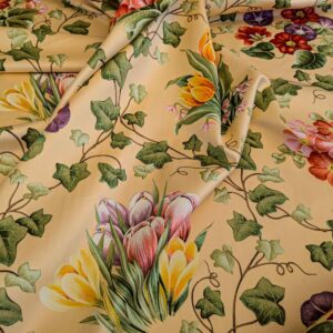 PXL_20240701_195439435 by yard Scalamandre Le Treillage Butter Yellow Spring Garden Tulip Rose Crocus Boston Ivy MSRP USD 204/y