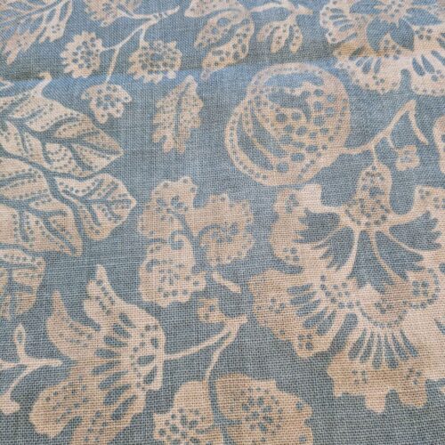 PXL_20240702_204618988 22 EV36 CALAIS LINEN PRINT in Sky Blue Mediterranean Pomegranate Block Print Heavy Linen 40”L x56” wide MSRP USD300+/y